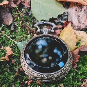 May include: A vintage pocket watch with a dark face and ornate, bronze-colored casing rests on a bed of green moss. The watch is surrounded by fallen leaves in shades of brown and yellow, with a few red berries and a white mushroom nearby. The scene evokes a natural, autumnal theme.