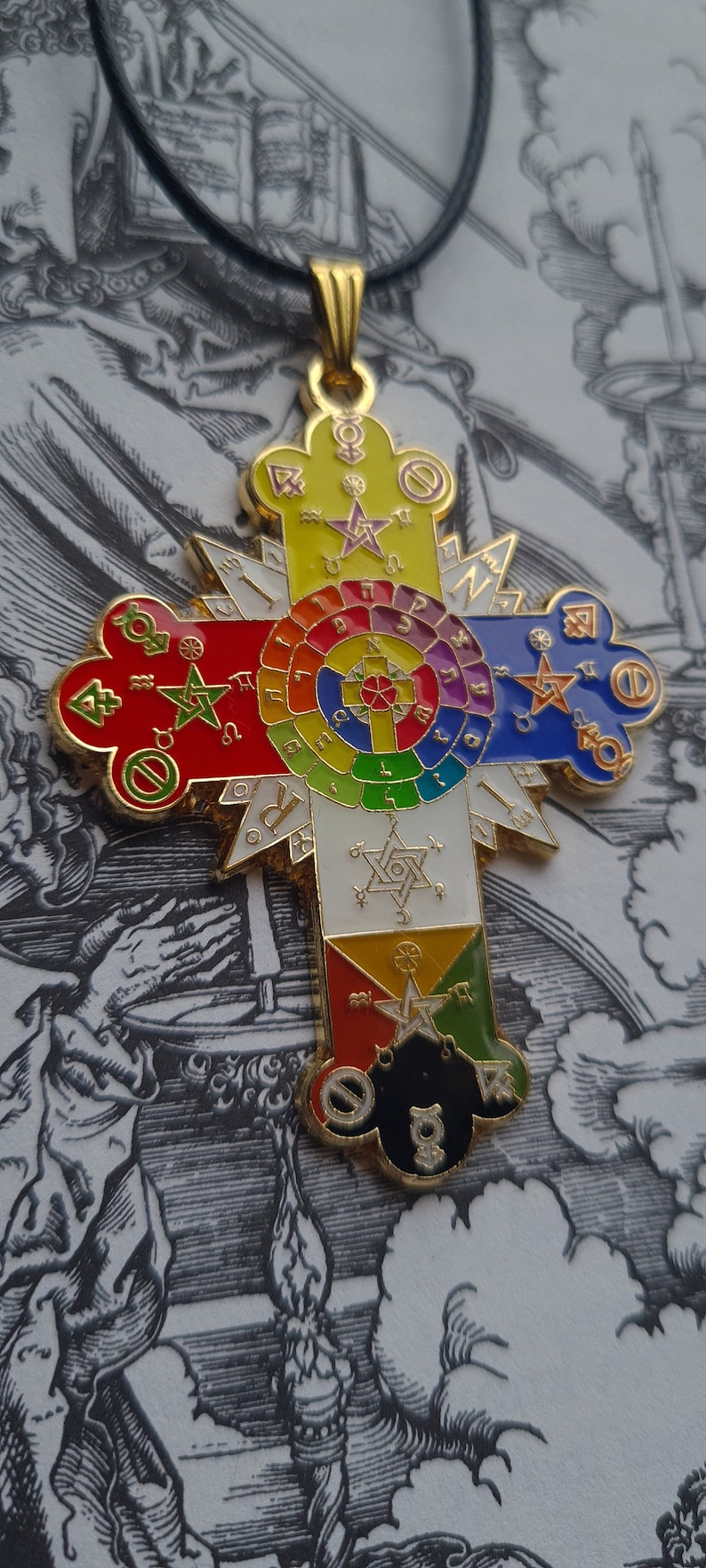 Of Alchemy Order of the Golden Dawn Rose Cross PENDANT Rose Croix Rosy Cross Occult Jewelry Rosicrucian lamen necklace image 8