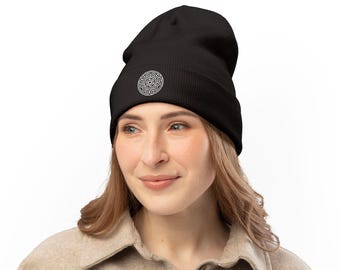 Embroidered Knit Beanie, Strophalos Hekate Design, Occult Witchy Hat, Winter Fashion,