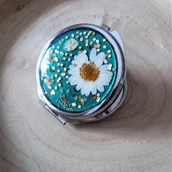 miroir de poche émeraude et fleurs blanches, cadeau pour elle, cadeau fête des mères