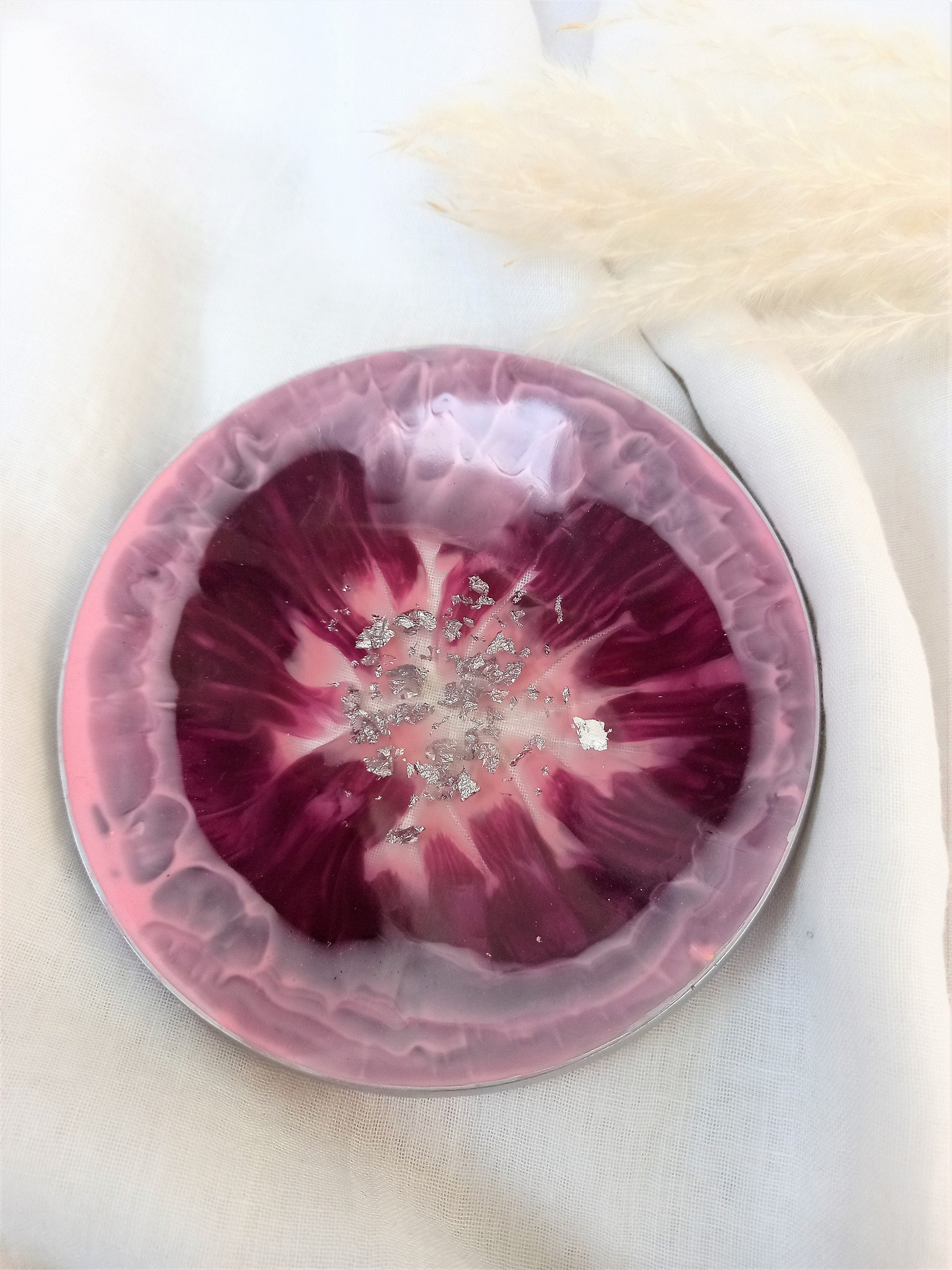 Coupelle, Porte Bijoux Rose, Prune et Feuille d'argent/Vide Poche