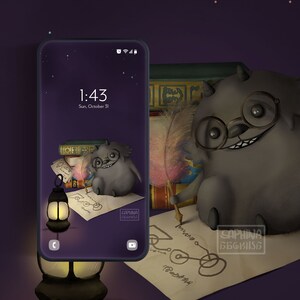 May include: A digital illustration of a gray, furry creature wearing glasses and holding a quill pen. The creature is sitting on a stack of books with a lit lantern in the foreground. The background is a dark purple with stars. The text on the phone screen reads "1:43 Sun, October 31".