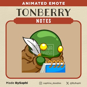 May include: A green Tonberry character from the Final Fantasy video game series is writing in a blue notebook with a quill pen. The character has large yellow eyes and is wearing a brown cloak.
