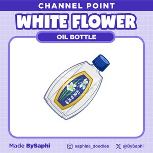 May include: A white bottle with a blue cap and a label that says "White Flower Oil" in Japanese. The bottle is on a purple background.