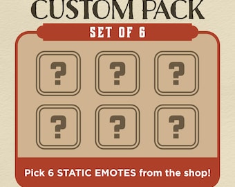May include: A graphic with a red background and white text that says "STATIC EMOTES CUSTOM PACK SET OF 6". There are six question marks in brown squares, arranged in two rows of three. The text below the squares says "Pick 6 STATIC EMOTES from the shop!" and the text at the bottom says "Made BySaphi saphina_doodles X @BySaphi".