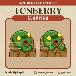 Könnte beinhalten: Animierter Emote mit einem grünen Tonberry-Charakter, der klatscht. Der Tonberry hat einen großen grünen Kopf mit einem gelben Auge und einem roten offenen Mund. Der Text "TONBERRY CLAPPING" wird über der Figur angezeigt. Der Text "Made By Saphi" ist enthalten.