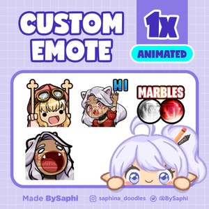 May include: A set of four animated custom Twitch emotes featuring a variety of expressions. The emotes are in a cartoon style and feature characters with large eyes and bright colours. The emotes include a character with a red hat and goggles, a character with white hair and a red shirt, a character with brown hair and a red shirt, and a character with white hair and a blue shirt. The emotes are labelled with the text "HI", "MARBLES", and "1x ANIMATED".
