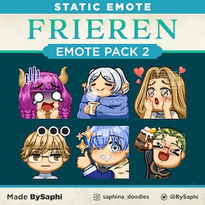 Könnte beinhalten: Ein Set mit sechs animierten Charakter-Emojis, die einen lilahaarigen Charakter mit Hörnern, einen weißhaarigen Charakter mit Hörnern, einen blonden Charakter, einen blonden Charakter mit Brille, einen blauhaarigen Charakter mit Brille und einen grünhaarigen Charakter mit Brille zeigen. Die Emojis sind mit "Static Emote Frieren Emote Pack 2" beschriftet.