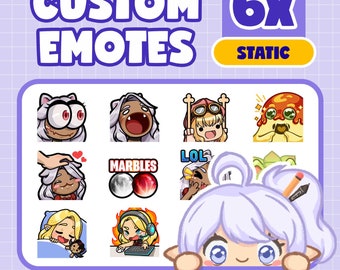 May include: A set of six custom static emotes featuring various cartoon characters. The emotes are designed in a colorful and playful style. The emotes include a character with large eyes, a character with a surprised expression, a character wearing goggles, a character with a mushroom head, a character with a heart on their head, and a character with a pencil.