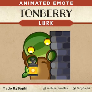 Puede incluir: Emoticono animado de un Tonberry verde, una criatura de la serie de videojuegos Final Fantasy, escondiéndose detrás de un muro de ladrillos. El Tonberry sostiene una linterna y tiene ojos amarillos brillantes. El texto "Tonberry Lurk" está encima de la imagen.