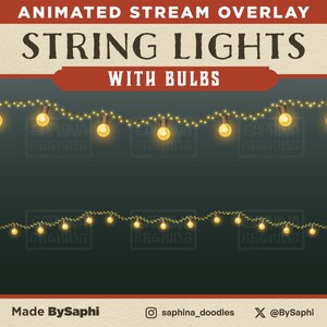 May include: Animated stream overlay with string lights with bulbs. The lights are yellow and the background is dark green.