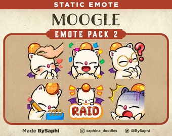 Op de afbeelding: Een set van 6 statische emotes met een schattig wit Moogle-personage met verschillende uitdrukkingen. De emotes omvatten een Moogle die geaaid wordt, lacht, verward is, in een notitieboekje schrijft, een bord vasthoudt met de tekst "RAID" en schreeuwt.