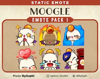 May include: A set of six digital emoticons featuring a white cat-like creature with a yellow halo and different facial expressions. The emoticons are labelled "STATIC EMOTE MOOGLE EMOTE PACK 1".