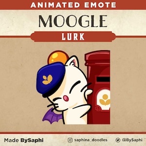 May include: Animated emote featuring a white cartoon character with a blue hat and purple bat wings, peeking from behind a red mailbox. The text "MOOGLE LURK" is displayed above the character. The background is tan with a brown border.