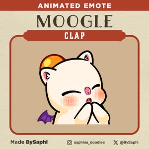 May include: Animated emote of a white Moogle with a purple wing, orange ears, and pink cheeks, clapping its hands together. The text "MOOGLE CLAP" is above the Moogle.