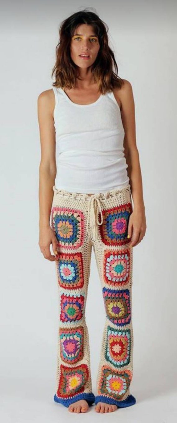 Crochet Granny Multicolor Pants, Boho Hippie Festival Pants.
