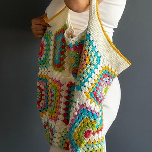Crochet Granny Square Multicolor Shopping Bag, Summer Tote.