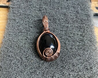 Black Onyx Cabochon Handmade Copper Wire Wrapped Pendant