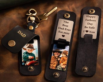 Gift for Dad, Personalized Leather Keychain, Custom Keychain with Photo, Romantic Gift for Him