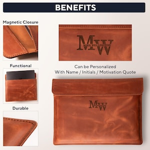 May include: A brown leather laptop sleeve with the initials "MW" engraved on the front. The image highlights the sleeve's magnetic closure, functionality, and durability. Text on the image says "Can be Personalized With Name / Initials / Motivation Quote."