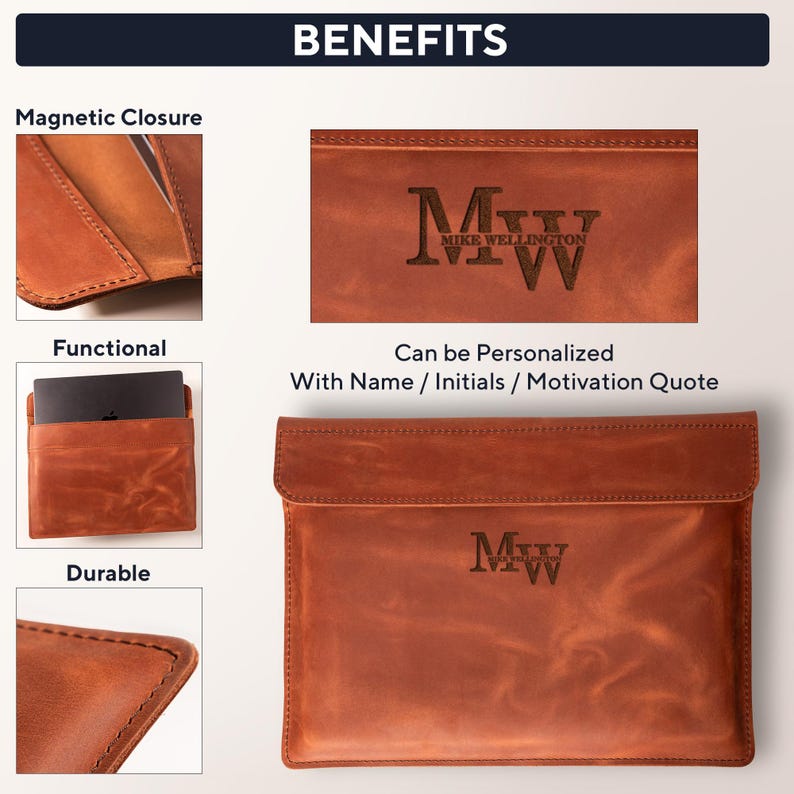 May include: A brown leather laptop sleeve with the initials "MW" engraved on the front. The image highlights the sleeve's magnetic closure, functionality, and durability. Text on the image says "Can be Personalized With Name / Initials / Motivation Quote."