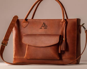 Womens zippered leather tote bag, Laptop bag for women, Women shoulder bag, Personalized anniversary gift for women