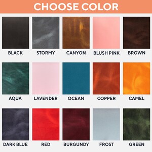 May include: A color chart with the text "CHOOSE COLOR" at the top. The chart displays 15 color swatches, including black, stormy gray, canyon brown, blush pink, brown, aqua, lavender, ocean blue, copper, camel, dark blue, red, burgundy, frost, and green.