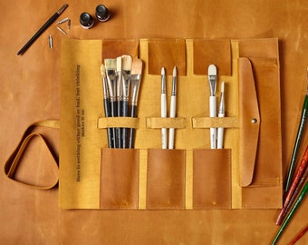 Brush kit storage, brushes sleeve pouch, leather brush roll, artist tool roll bag, travel art case roll, school art tool roll