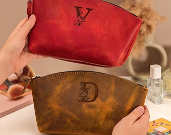 Personalized Leather Makeup Bag: Handmade Toiletry Travel Pouch, Mothers Day Gifts