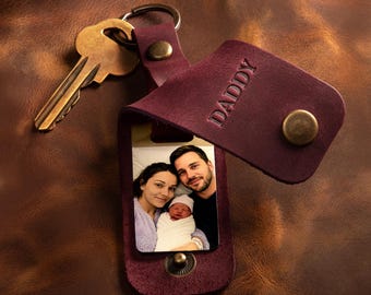 Valentines Day Gift for Husband, Leather Photo Keychain, Unique Photo Key Chain, Anniversary Gift for First Time Dad