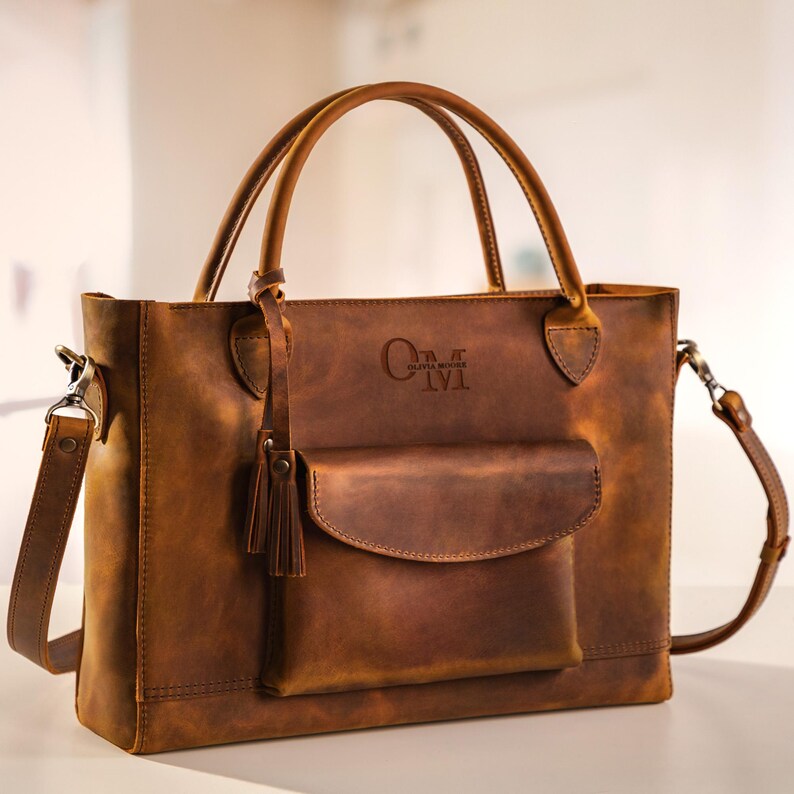 Travel tote bag for women, Leather travel bag gift for women, Personalized birthday gift, Everyday handbag for women, Leather tote bag image 14