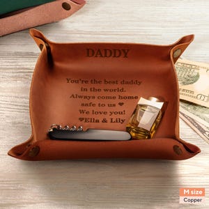 Gift for Daddy, Father&#39;s Day Gift - Personalized Leather Valet Tray, Unique Desk Leather Tray Gift for Dad, Husband, Handmade Leather Tray
