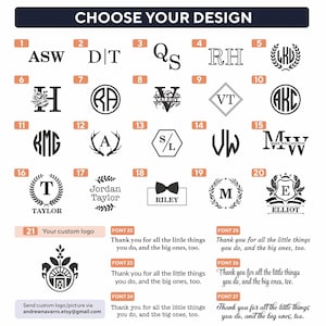 May include: A graphic with the text "CHOOSE YOUR DESIGN" at the top, featuring various monogram and logo options. These include initials, names, and custom logos, along with thank you messages. Contact information is provided.