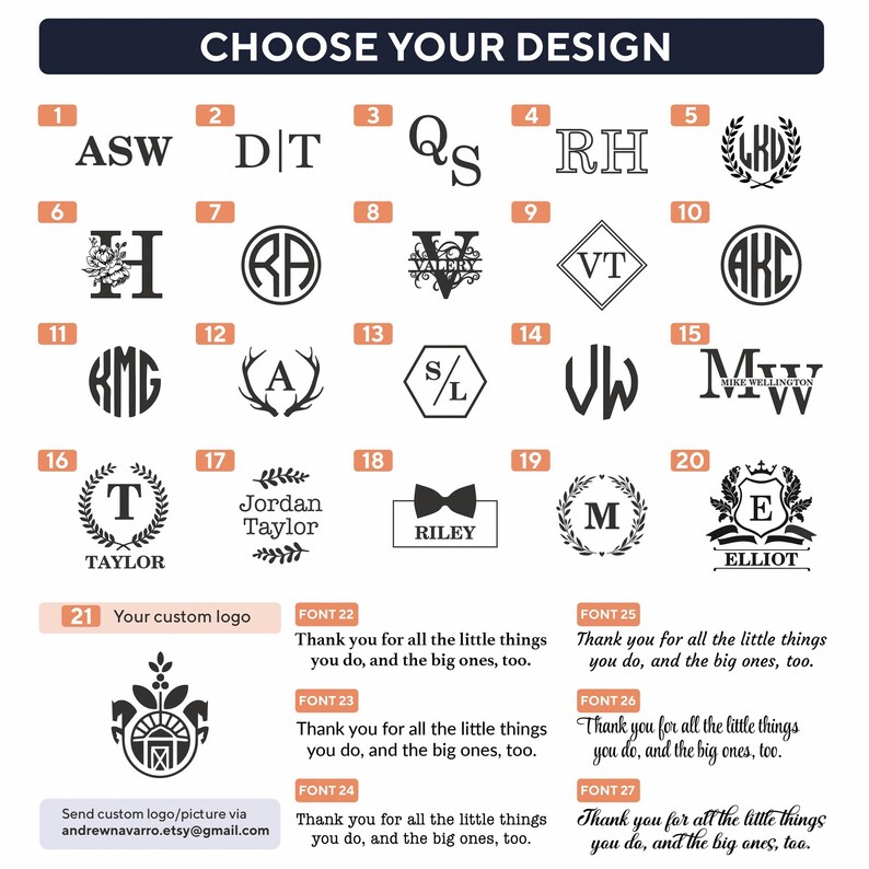 May include: A graphic with the text "CHOOSE YOUR DESIGN" at the top, featuring various monogram and logo options. These include initials, names, and custom logos, along with thank you messages. Contact information is provided.