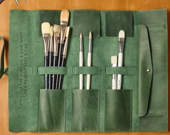 Custom brush storage, leather brush roll, artist tool roll bag, travel art case roll, art school tool roll, leather roll for paint brushes