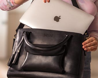 Leather Briefcase for Women: Personalized Laptop Satchel with Trolley Sleeve