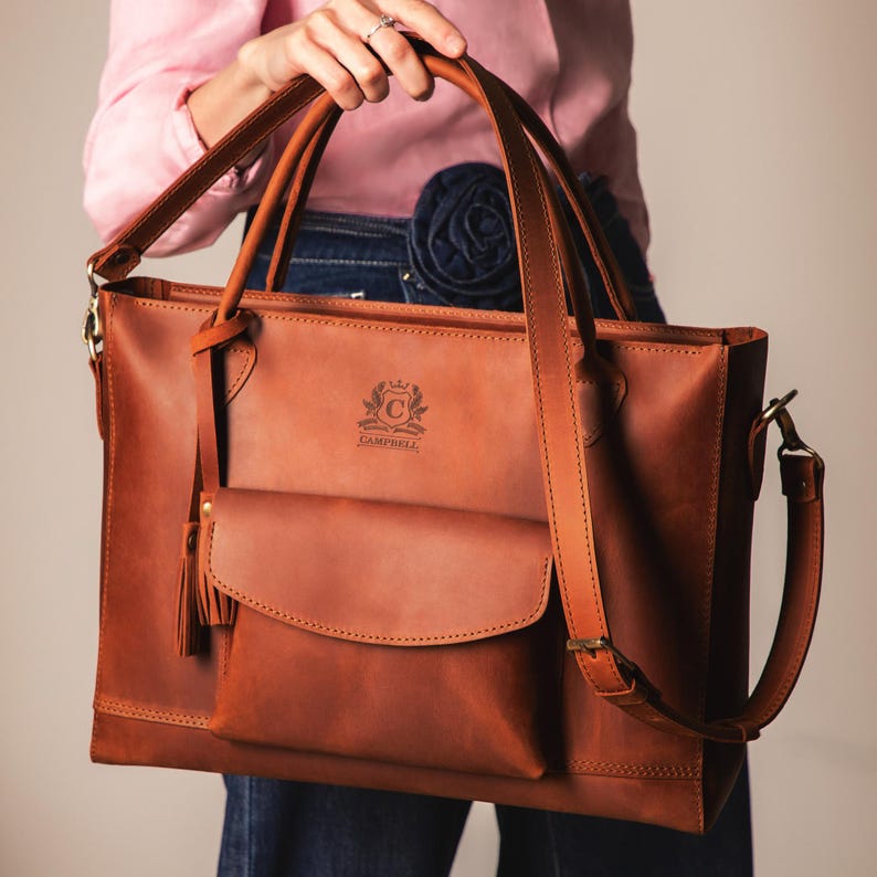 Travel tote bag for women, Leather travel bag gift for women, Personalized birthday gift, Everyday handbag for women, Leather tote bag image 2