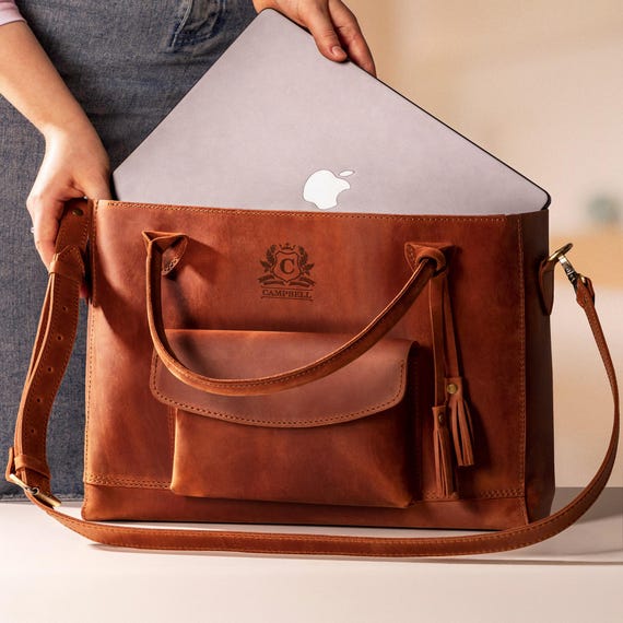 Leather Laptop Tote Bag: Personalized Everyday Handbag, Trolley Sleeve, Mother's Day Gift