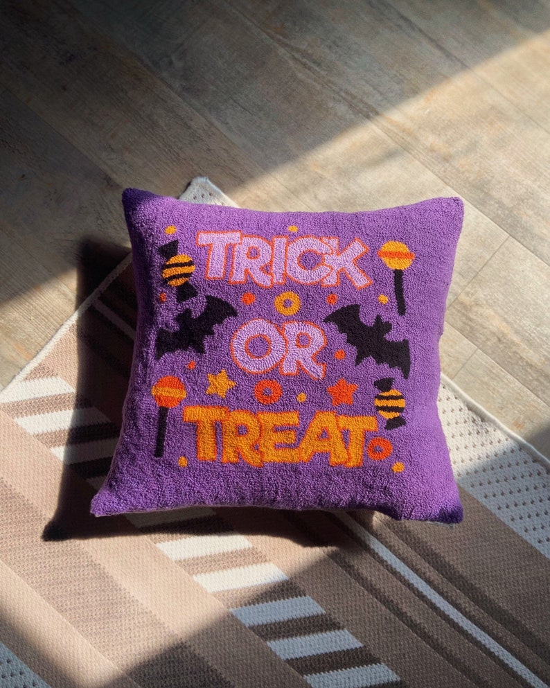 Trick or Treat Punch Needle Embroidered Pillowcase Halloween Decor Pillowcase Handmade Punch Needle Pillow Halloween Gift image 1