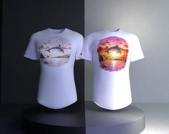 Maglietta WAVY con delfino al tramonto, unisex, Powered by The Sun Apparel, idea regalo unica, cambio colore, solare, attivata dai raggi UV