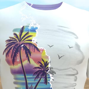 May include: A white t-shirt with a colorful sunset and palm trees graphic print. The graphic is faded and distressed, giving it a vintage look.