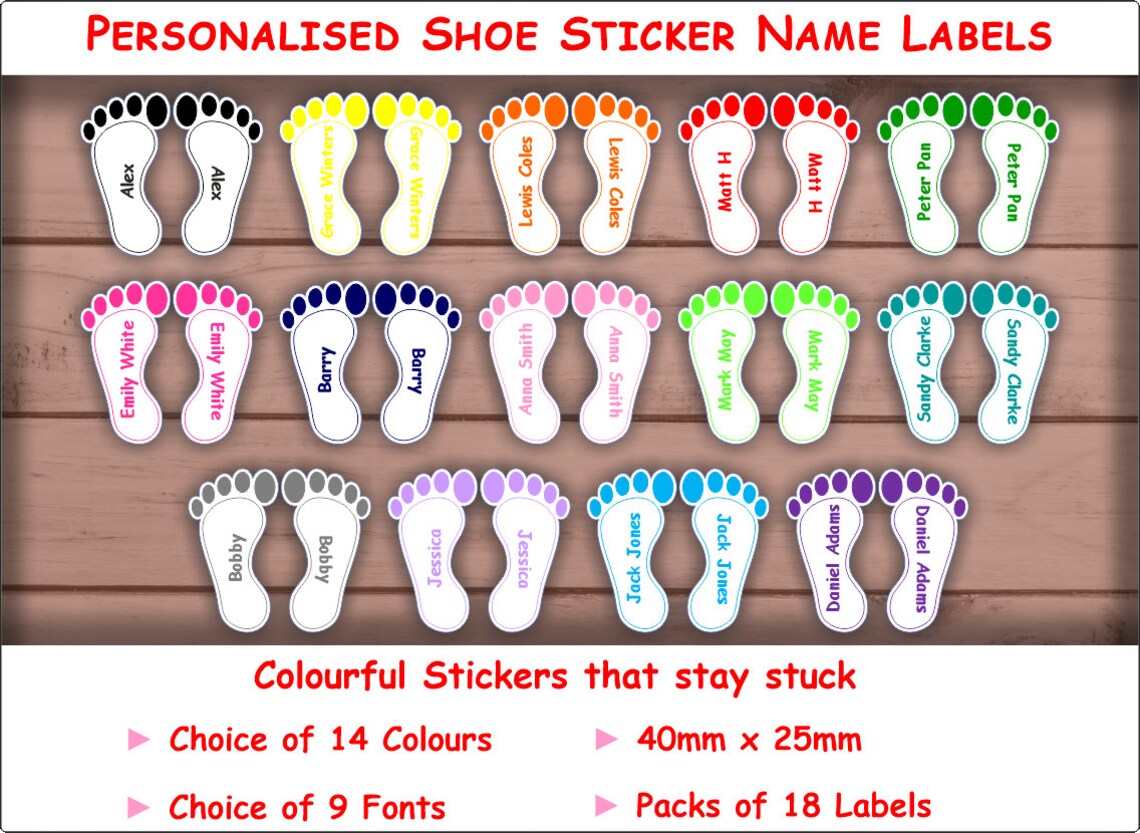 18 Pairs White Coloured Feet Shaped Personalised Waterproof Shoe Name ...