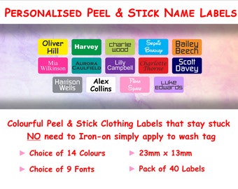 40 Personalised Stick on Clothing Name labels, Sticker Uniform Labels, Care Home, Daycare PS02