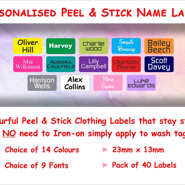 40 Personalised Stick on Clothing Name labels, Sticker Uniform Labels, Care Home, Daycare PS02