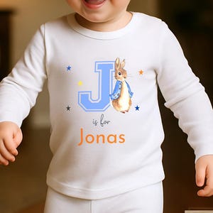 Personalised Baby Boys Blue Peter Rabbit Varsity Initial White Cotton Pyjamas 0-2 Years - Custom Baby Clothes, New Baby Gift with Name
