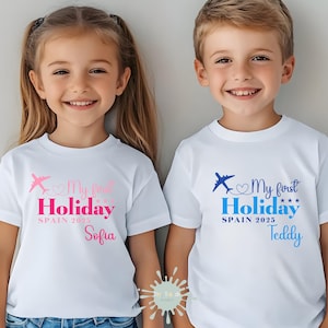 Boys and Girls Personalised First Holiday Tee, Family Vacation T-Shirt, Custom Airport Outfit, First Holiday Keepsake, First Flyer Shirt