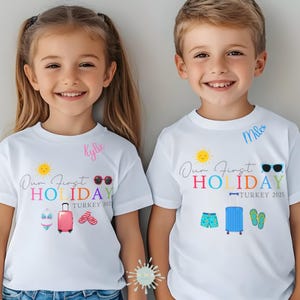 Boys and Girls Personalised First Holiday Tee, Family Vacation T-Shirt, Custom Airport Outfit, First Holiday Keepsake, First Flyer Shirt