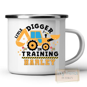 Personalised Little Digger in Training Camp Mug, Custom Mug for Kids, Boys Camping & Tractor Name Mug, Toddler Drinking Cup Gift with Name