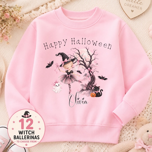 Personalised Halloween Sweatshirt, Girls Witch Ballerina Jumper, Personalised Halloween Gift for Girls, Cute Kids Halloween Jumper