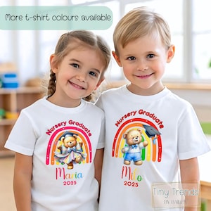 Personalised Unisex Nursery Leaver T-shirt, Pre-School Tee with Name, Class of 2025 Vibrant Rainbow Bear Toddler Top, Nursery Graduate